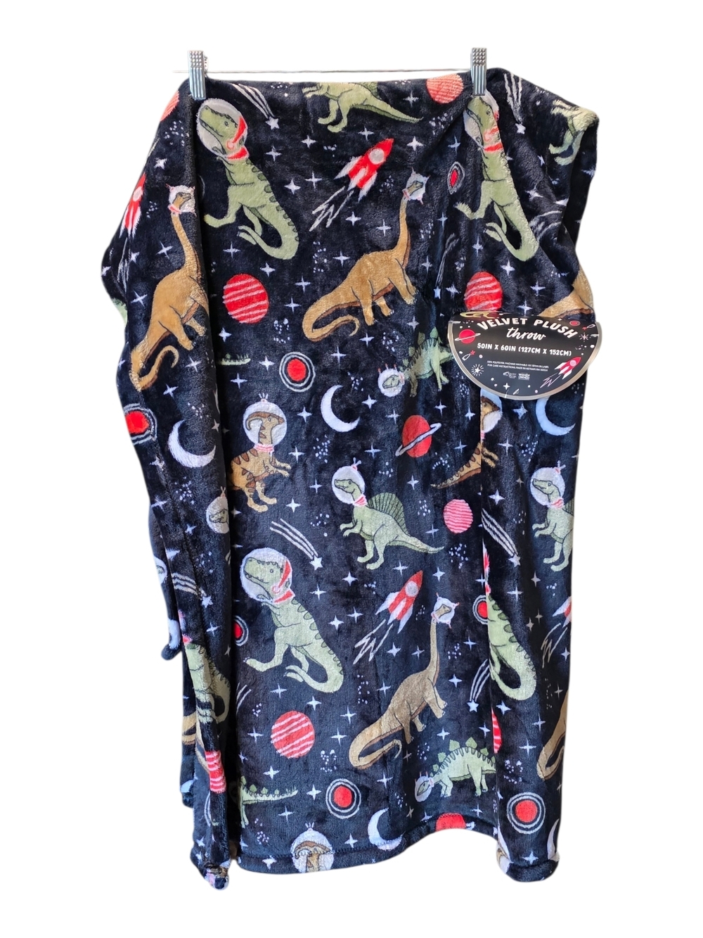 Velvet Plush Throw Blanket - Black with Green, Brown & Red Dinosaur Space Print